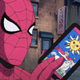 The '90s animated Spider-Man in costume holding a tarot card with a sun on it.